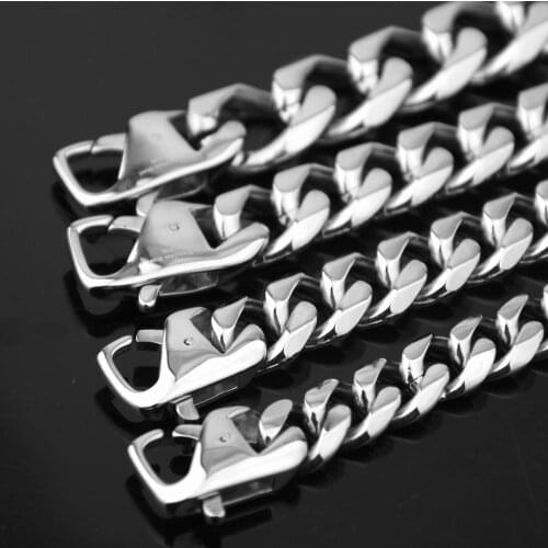 12/15/17/19mm High Polishing Silver Color Cuban Curb Link Chain Stainless Steel Bracelet 7-11inch Biker Men Cuff Jewelry