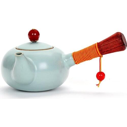 Side pot kungfu tea set teapot ceramic household Japanese single tea ceremony pot wooden handle teaware