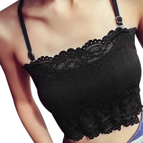 Black Solid Color Adjustable Detachable Chest Pad Wide Hem Lace Sexy Camisole