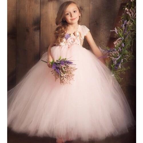 Baby Girls Pink Flower Lace Tutu Princess Dress Kids Crochet Dress Ball Gown with Shoulder Children Birthday Party Costume Dress