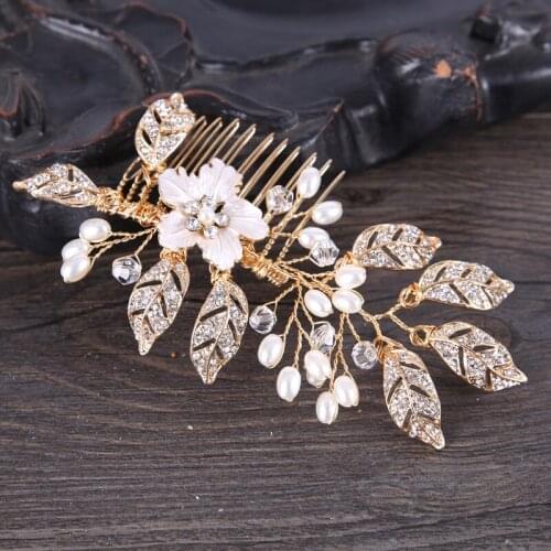 Women Golden Wired Rhinestones Shinning Crystal Leaves Pearl Bridel Bridesmaids Hair Comb Wedding Headpiece Hair accessories SL