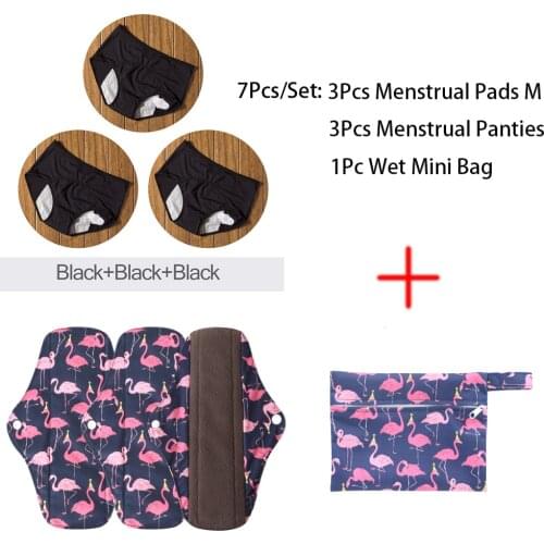 Menstrual Pads Women Washable Reusable Sanitary Napkin Cotton Cloth PadsCharcoal Period Napkins Size M with 2pcs Panties+1 Bag