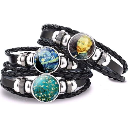 Van Gogh Bracelet Art Oil Paintings Glass Cabochon Jewelry Black Leather Punk Bracelets Starry Night Sky Sunflower Men Gifts