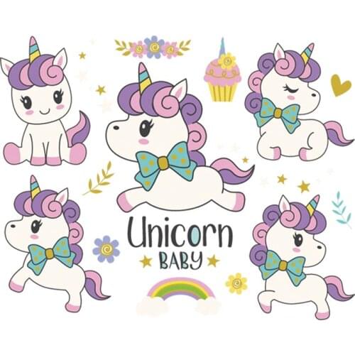 Unicorn Series Set Stripe Patches Girl Baby Shirt Stickers Diy Thermal Transfer Hot Tear T-Shirt Dresses New Iron On Patches