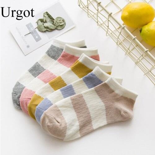 Urgot 5 Pairs Spring Summer Thin Cotton Socks Women Candy Color Striped Ankle Socks Ladies Low Tube Boat Sock Meias Calcetines