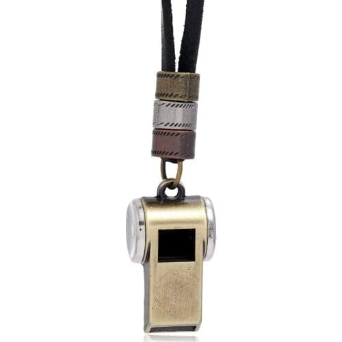Handmade Vintage Alloy Whistle Pendant Necklace Genuine Leather Rope Chain Necklaces Men&Women Punk Jewelry Accessories