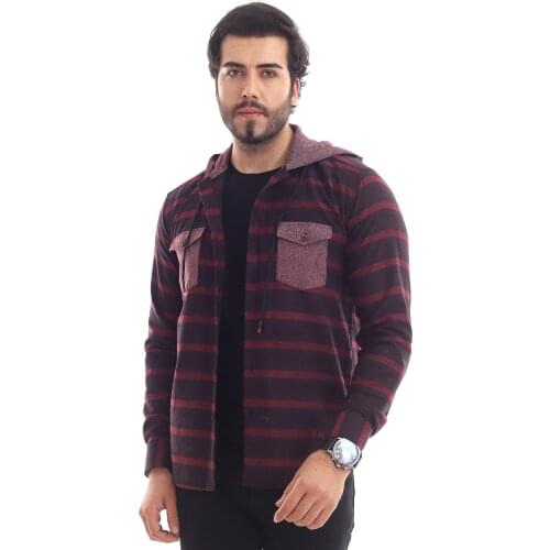 WOODCUTTERS HOODED CASUAL SLYM FİT MALE GÖMLEĞİ (BLACK BURGUNDY)