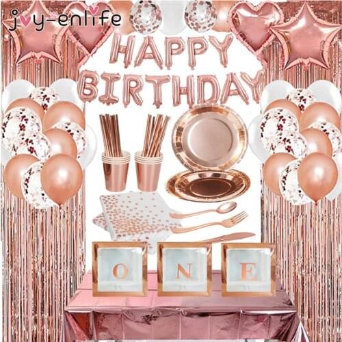 Rose gold birthday party decoration foil curtains Tableware Plate cup Girl 1st first Birthday Party decor Adult kids Baby Shower