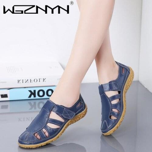 Fashion Women Genuine Leather Sandals Casual Summer Ladies Closed Toe Beach Sandals Women Flats Shoes Comfort Female Sneakers