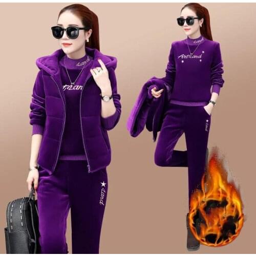 Three-piece Plus Velvet Thick Gold Velvet Warmth Double-sided Velvet Casual Vest Sweater Sports Suit Female Lightning Delivery
