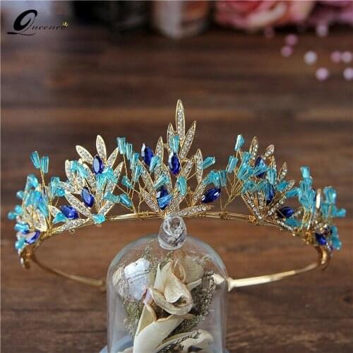 Trendy Crown Blue Crystal Wedding Tiara Bridal Hair Accessories Handmade Bridal Headpiece Women Hair Jewelry Princess Diadem