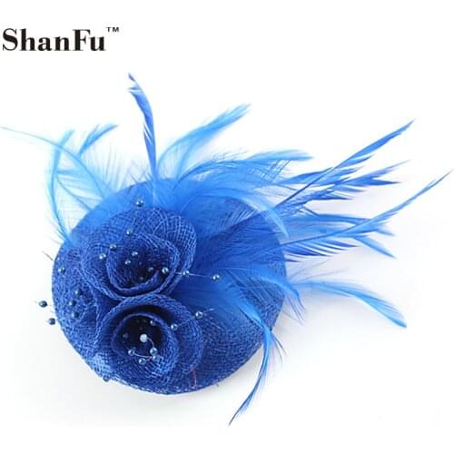 ShanFu Lady Pillbox Bead Feather Fascinator Blue Hair Accessories Vintage Decorative Hair Clip for Wedding/Tea Party SFB6670