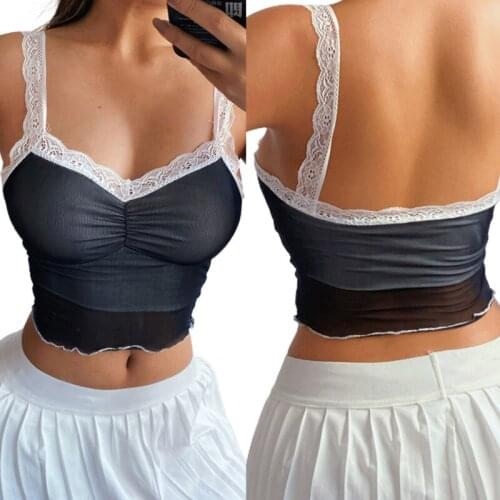 Womens Lace Strap Camisole, Sexy Sleeveless Backless Ruched Front Color Block Crop Tank Tops Summer