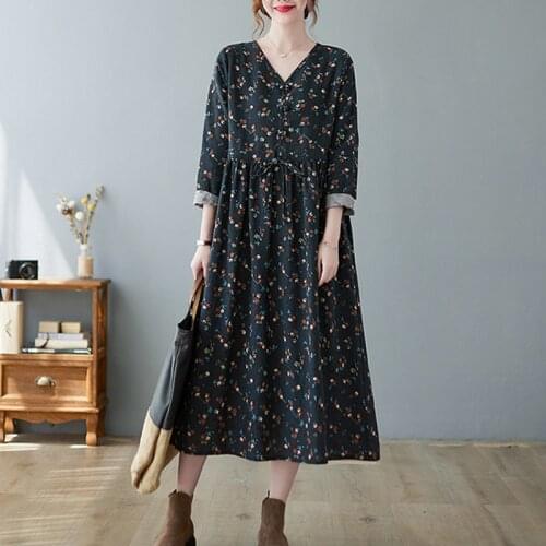 2021 New Arrival Print Floral Fashion Autumn Dress V-neck Draw String Slim Vintage Office Lady Work Dress Women Spring Dress