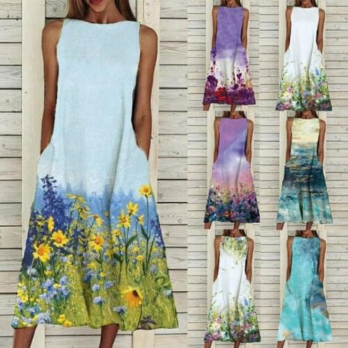 2021 Summer New Fashion Flower Print Round Neck Sleeveless Dress Female Beach Sleeveless Women Dress Vestidos Casuales