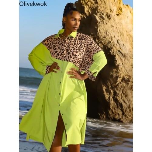 Olivekwok 2021 Woman Fashion Button Printing Patchwork Leopard Button Straight Mid-Calf Sexy Turn-down Collar Green Dresses