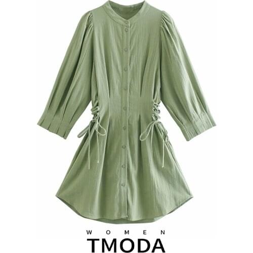 TMODA2027 Za Women Vintage Stand Collar Solid Side Lace Up Shirt Dress Female Chic Pleats Puff Sleeve Breasted Kimono Vestidos
