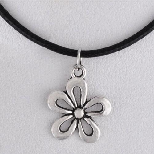 15*18MM Vintage bronze antique silver color flower pendant necklace women wax cord rope necklace jewelry fashion alloy jewellery