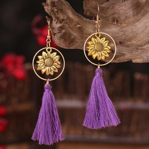 Free Shipping Metal Sunflower Purple Tassel Earrings for Women Fashion Bohemian Black Red Fringe Earrings Jewelry Wholesale