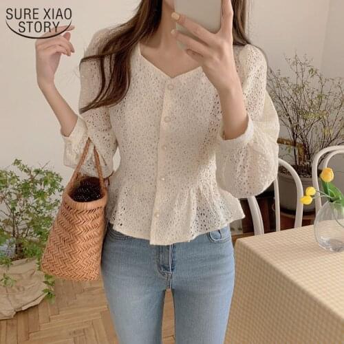 Korean Clothes Sweet Wild V-neck Womens Blouse Hollow Out Lace-up Lace Shirt Vintage Slim Long Sleeve Top Female Blusas 13100
