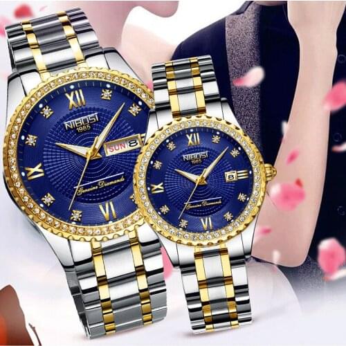 NIBOSI Men Watches Top Brand Luxury Gold Quartz Women Watch Gift Clock Ladies Blue Dress Wristwatch Stainless Steel Lovers Watch