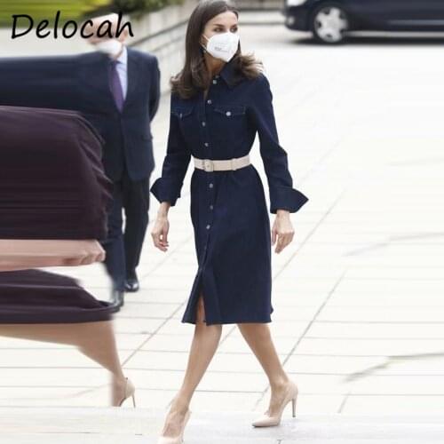 Delocah New 2021 Summer Womwn Fashion Designer Party Midi Dress Long Sleeve Sashes Pockets Single Breasted Loose Dress Vestidos