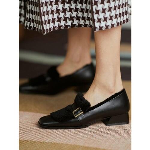 EshtonShero Woman Boots Leather Buckle Square Toe Med Heel Winter Flock Slip On Fashion Female Platform Loafers Size 3-8