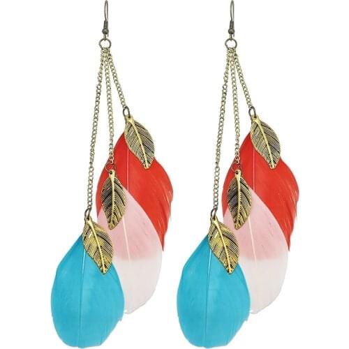 Ethnic Bohemian Feather Drop Dangle Earrings for Women Hippie Jewelry White Green Purple Feather Hanging Earring Birthday Gift