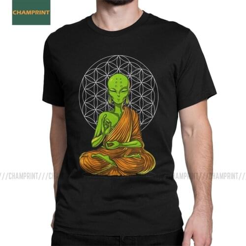 Mens Space Alien Zen Yoga Meditation T Shirt Spiritual Buddhism Pure Cotton Clothes Fashion Short Sleeve Tees Printed T-Shirt