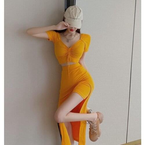 Hipster Sexy Club Yellow Women Two Piece Outfits V-neck Crop Top Slim Fashion Brand Ladies High Waist Bodycon Skirt Summer Style