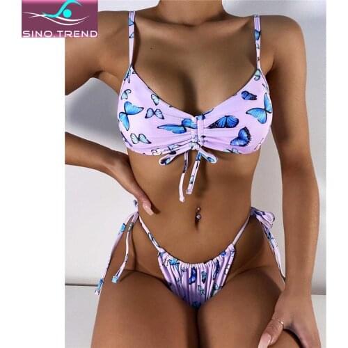 New Butterfly Printed Knotted Bikini Set Female Drawstring Swimsuit Women Two-pieces Swimwear Bather Bathing Suit Swim Lady