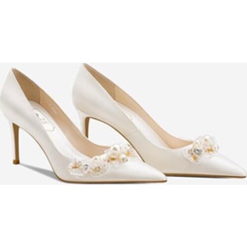 2021 spring new silk banquet dress shoes large size white bridal wedding shoes stiletto heel pointed shallow mouth womens shoes