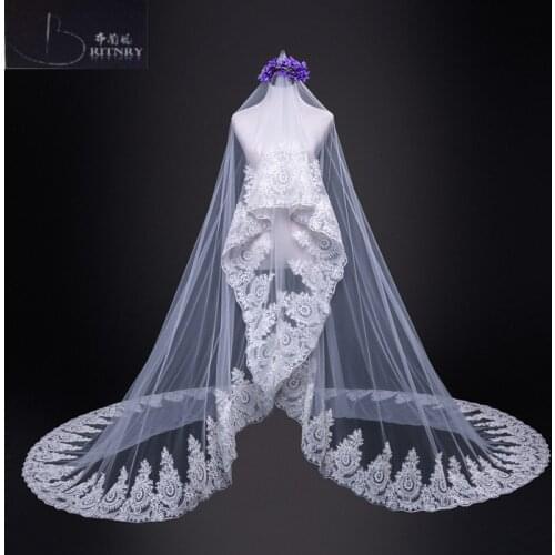 BRITNRY 2018 One-tier Lace Wedding Veil Luxury Ivory Veil High Quality Bridal Accessories Real Photos Cheap Long Veils