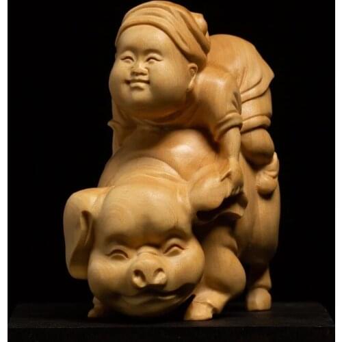 Old Woman Riding A Pig Boxwood Carving Creative Wenwan Living Room Decoration Carving Crafts Characters Solid Wood Pendant