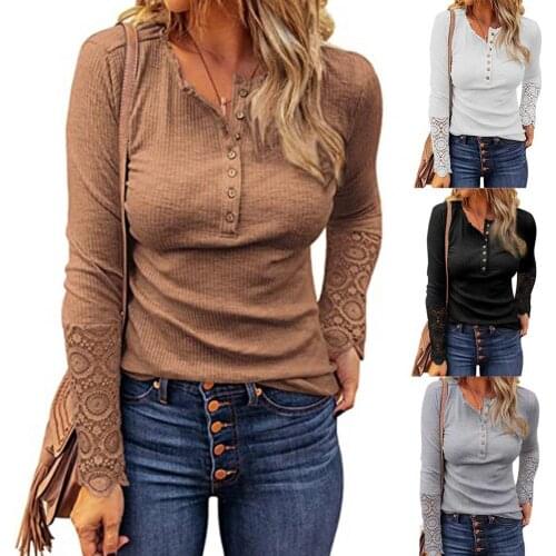 Pullover Blouse Streetwear Tops Tees Tshirt T-Shirt Women T-shirt Buttons Casual Ribbing Lace Splicing Tunic Blouse Pullover Top