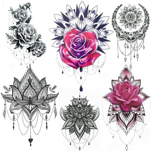 Rose Henna Flower Temporary Tattoo For Women Sexy Black Fake Jewelry Tattoos Paper Moon Mehndi Pendant Camellia Tatoo Chest Back