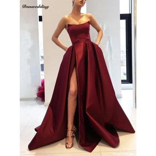 Sexy Side Split Satin Evening Dresses Strapless Neck Sleeveless Floor-Length Prom Dress Back Is Lace-Up Girl Party Dresses