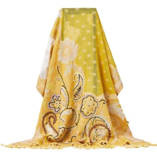 Wool Pashmina Scarf Women Handmade Yellow Embroidery Winter Nepal Kashmir India Nepal Warm Scarf imported Boiled Wool Shawl