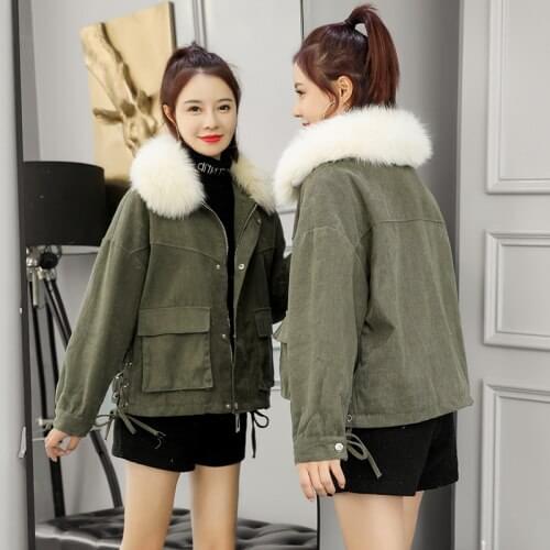 Autumn Winter Big Synthetic Fur Collar Hooded Large Pocket Military Four Color Padded Warm Jacket Cotton Coat Outerwear