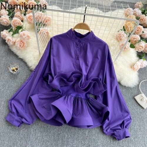 Nomikuma Women Blouse Korean Pleated Ruffle Slim Waist Top Shirts Elegant Lantern Sleeve Stand Neck Blusas Camisas Mujer 6G980