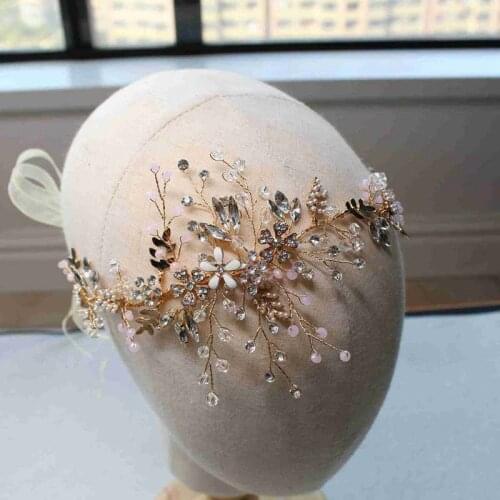High-end crystal pink beads women headbands handmade tiara bride hair accessories wedding hair jewelry