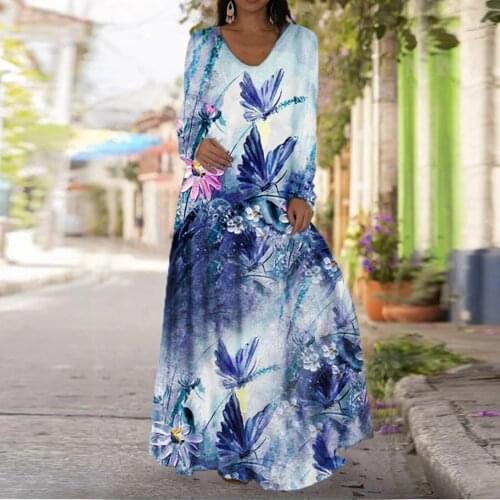 Dresses For Womens Plus Size Long Sleeve Butterfly Print Boho Loose Long Maxi Dress Autumn Casual Party Dresses Vestidos S-5XL
