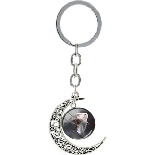 TAFREE Women Ballet Dancer Glass Key Holders 20mm Moon Charms Fashion Dance Keyring Art Beads Birthday Jewelry