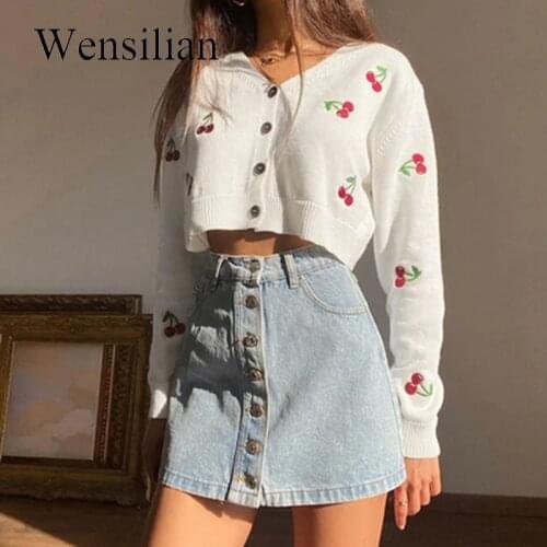Long Sleeve Knitted Cardigan Women Sweater V Neck Knitwear Embroidery Cherry Sweaters Sweet Coats Vintage Casual Cardigans 2021