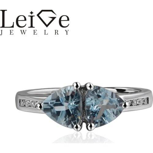925 Silver Real Aquamarine Ring Trillion Cut Prong Setting Double Stone Blue Gemstone Wedding Rings for Women March birthstone