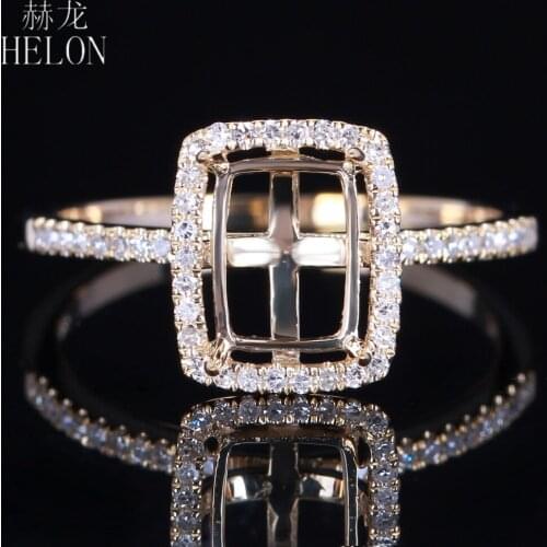 HELON 6X8mm Cushion Real 14K Yellow Gold 0.2ct Natural Diamond Semi Mount Ring Setting Women Gorgeous Wedding Party Jewelry Ring