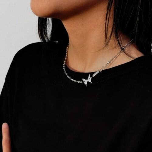 VSnow Vintage Minimalist Multi-layer Butterfly Stitching Chokers Necklace for Women Japanese Asymmetric Pendant Necklace Jewelry