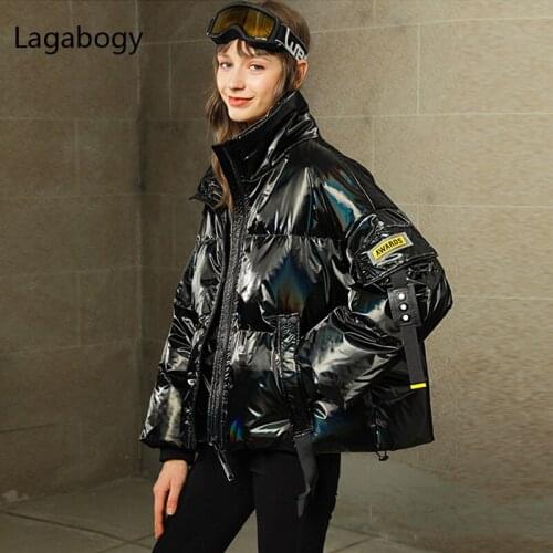Lagabogy 2021 Winter Glossy 90% White Duck Down Jacket Women Thick Warm Loose Parkas Female Short Stand Collar Waterproof Coats