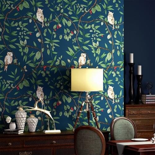 10M Tropical Designed Blue Italian Owl Leaves Pure Paper Wallpaper Textured Roll
