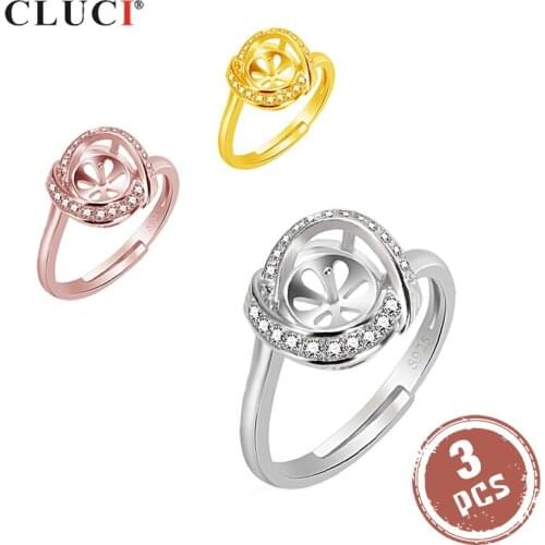 CLUCI 3pcs 925 Sterling Silve Heart Shape Pearl Ring Mounting for Women Engagement Jewelry Adjustable Zircon Heart Ring SR2085SB